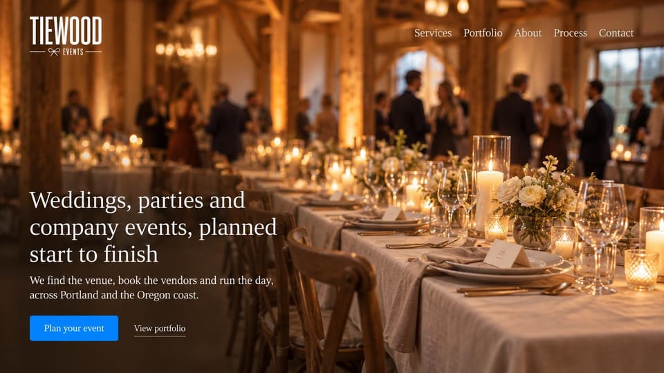 Event planner website design, weddings, parties and company events in a golden barn: candlelit barn reception with a long table and guests mingling behind, tall white wordmark, white serif headline, bright blue button