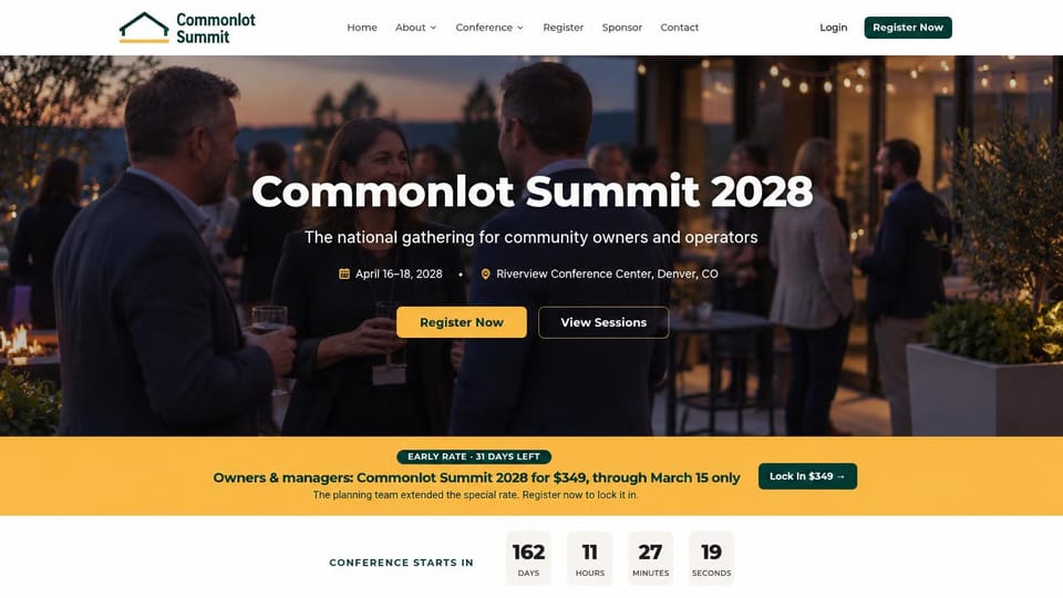 Event website design, community owners' conference with an early rate banner: white header with a house logo, dusk photo of guests talking on a terrace, a white centered headline, yellow and outlined buttons, a yellow early rate banner and countdown boxes