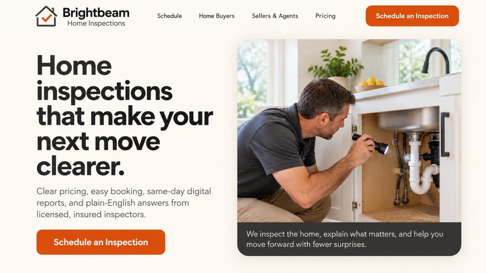Home inspector website design, inspections in plain English with a huge headline: warm off-white page, huge black headline, an orange schedule button, a rounded photo of an inspector checking under a kitchen sink