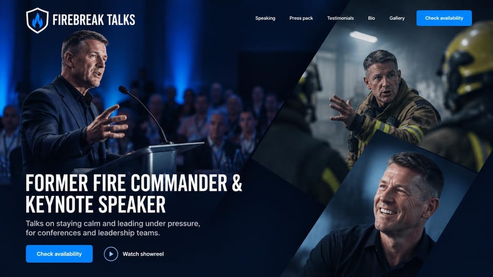 Speaker website design, former first responder turned keynote speaker: dark blue collage of a speaker at a lectern and in firefighting gear, white condensed capitals, blue button and a showreel link