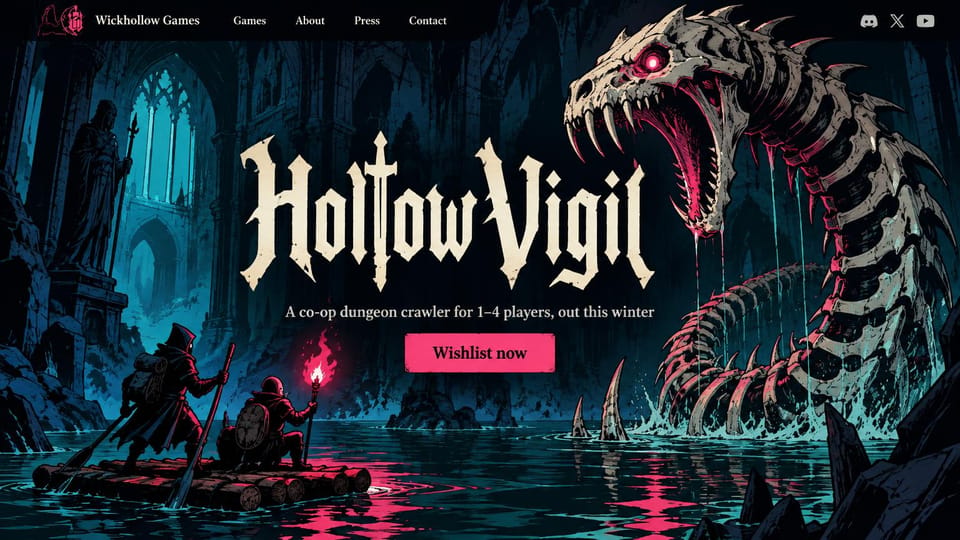 Gaming website design, co-op dungeon crawler with inked key art: dark teal and pink inked art of adventurers on a raft facing a skeletal sea serpent in a flooded ruin, a cream gothic title and a pink wishlist button