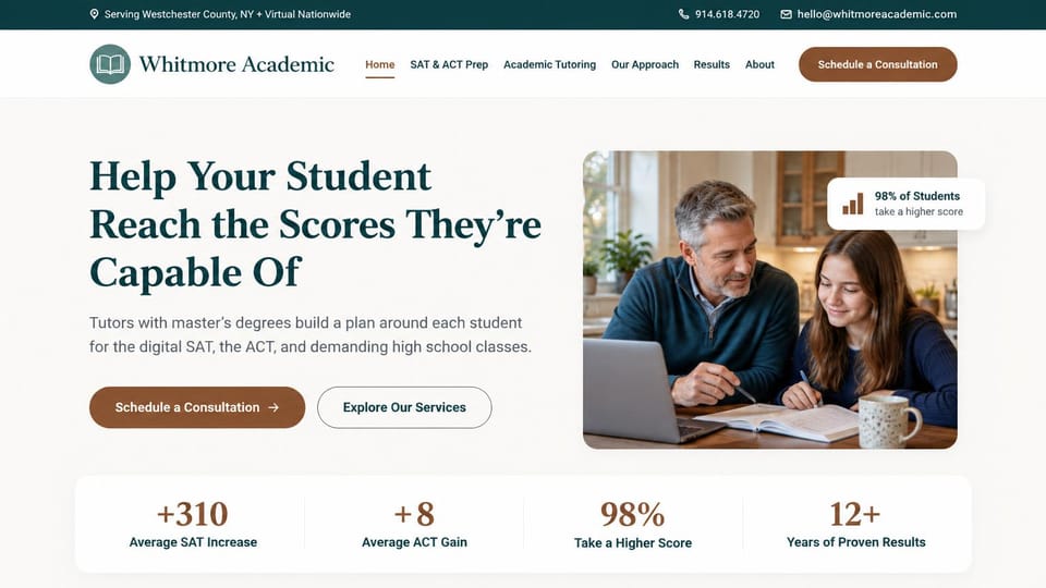 Tutoring website design, sAT and ACT prep that leads with score gains: cream page, dark teal serif headline, a rounded photo of a tutor and a teenage girl at a laptop, brown buttons and a white results bar