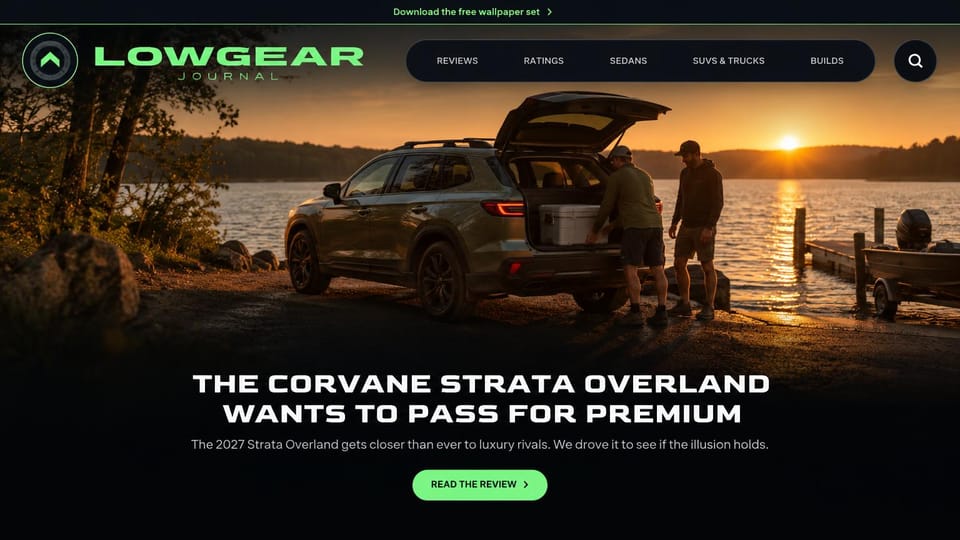 News and magazine website design, car review magazine with a sunset road test: black page, neon green logo and button, a sunset photo of an SUV with an open tailgate by a lake, a wide white uppercase headline