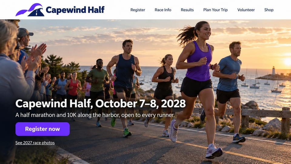 Event website design, half marathon along a harbor at sunset: sunset photo of runners on a coastal road by a harbor, white bold headline, purple register button