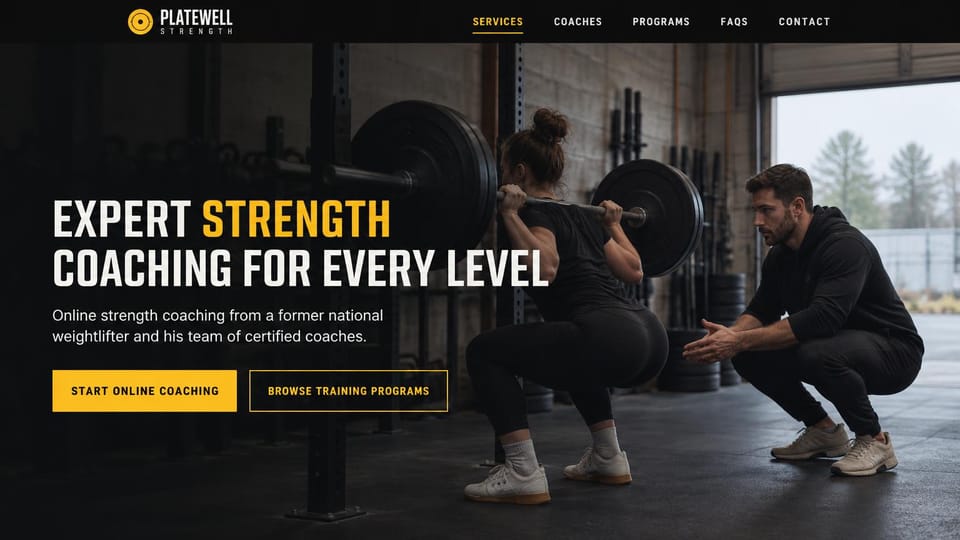 Personal trainer website design, online barbell coaching from a former weightlifter's team: black menu bar, a dark garage gym photo of a coach crouching beside a woman in a barbell back squat, a white and yellow condensed headline, a yellow button and an outlined programs button