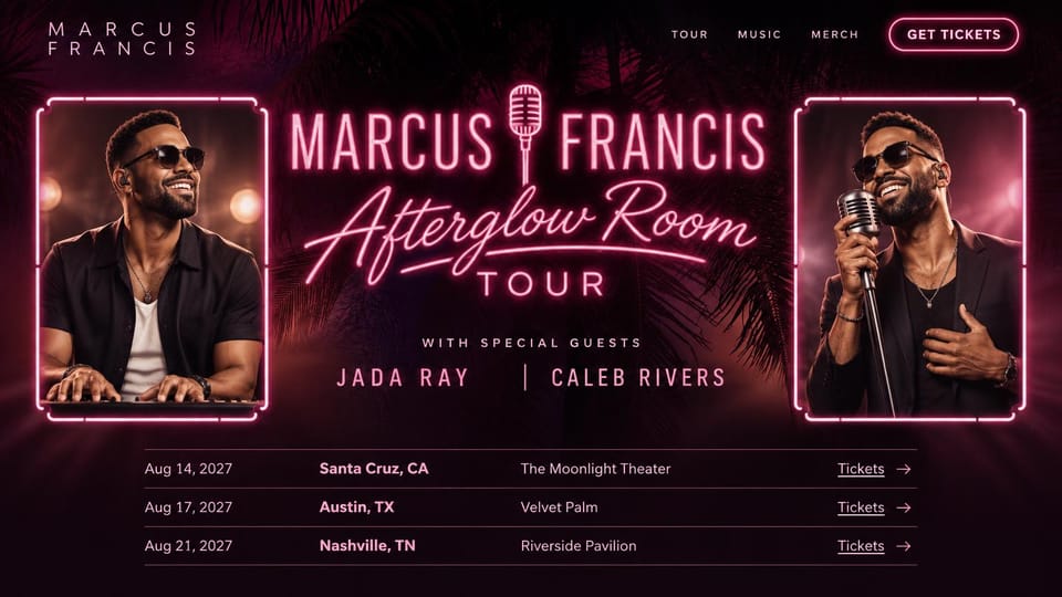 Musician website design, tour dates in neon: dark burgundy with hot pink neon script, two framed performer portraits and a list of dates