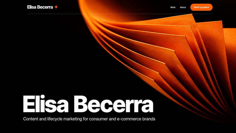Marketing portfolio website design, lifecycle marketer with a bold name and abstract art: black page, a giant white name, glowing orange folded paper shapes and an orange button