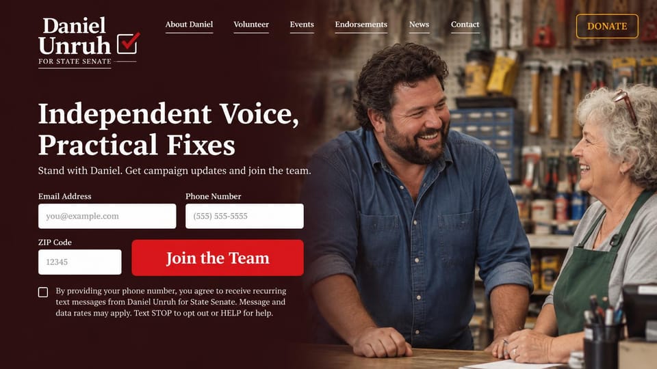 Political campaign website design, independent for state senate in deep red: dark maroon page, a white serif headline, a labeled signup form with a red button, a bearded man and a woman in a hardware store