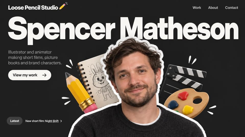 Portfolio website design, illustrator and animator with a cutout portrait: charcoal page, a huge white name, a cutout portrait surrounded by a pencil, sketchbook, clapperboard and palette