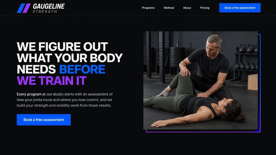 Personal trainer website design, movement assessment first, in blue and violet capitals: near-black page, a bold white, blue and violet headline in capitals, a blue assessment button, a framed photo of a coach checking a woman's hip mobility as she lies on the gym floor