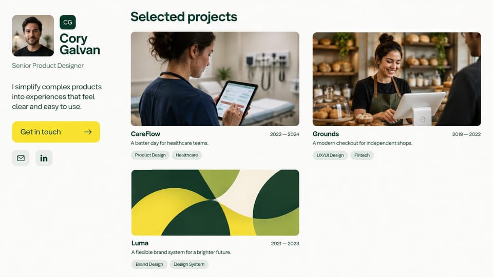 Portfolio website design, product designer with project cards: off-white page, a small portrait and yellow contact button beside rounded project photos with tags