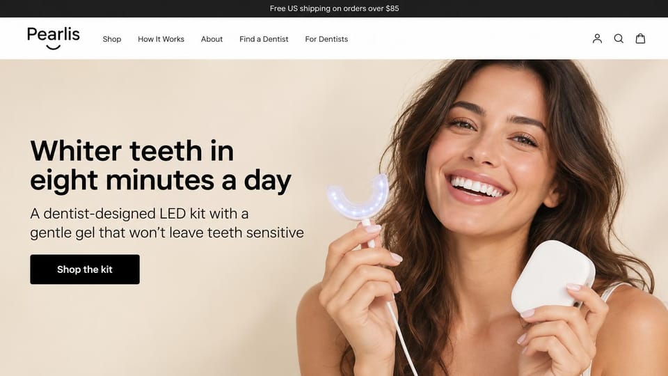 Landing page website design, teeth whitening kit with a smiling customer: cream page, a bold black headline and black shop button, a smiling woman holding a glowing mouthpiece and its white case