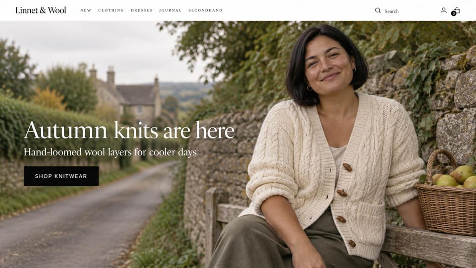Landing page website design, country knitwear with a secondhand section: country lane photo, a smiling woman in a cream cable cardigan by a stone wall, large white serif headline and a black button