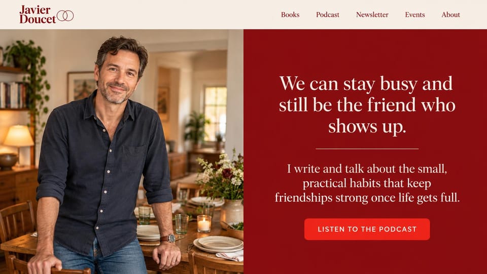 Author website design, nonfiction author with a podcast: a man at a set dinner table beside a deep red panel with a cream serif headline