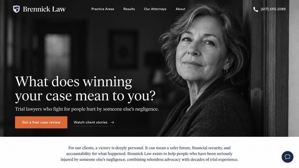 Law firm website design, personal injury in black and white: a black and white attorney portrait, a serif question as the headline and an orange button