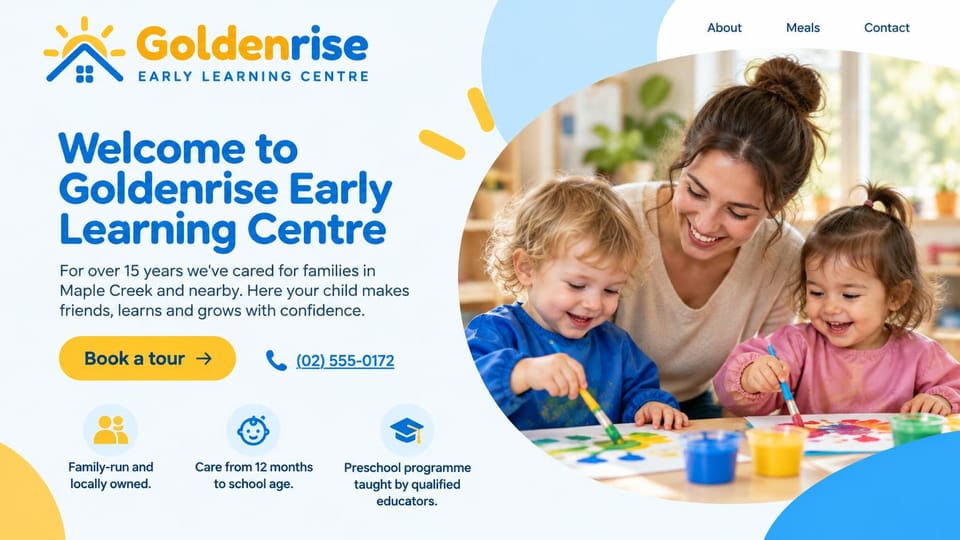 Daycare website design, family-run childcare in sunny blue and yellow: pale blue and white page, a bold blue headline, a yellow pill button and phone link beside a rounded photo of a teacher painting with two toddlers, three icons below