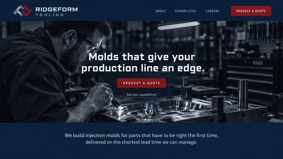Manufacturing website design, mold shop with a centered quote button: navy page, a gray and red logo, a monochrome photo of a toolmaker inspecting a steel mold, a centered white headline, a red button and a short statement below