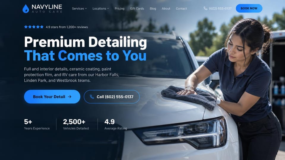 Car detailing website design, mobile detailing team with several service areas: navy page, a white and bright blue headline, a blue book button and an outlined call button, a detailer in a navy polo wiping a white car's hood