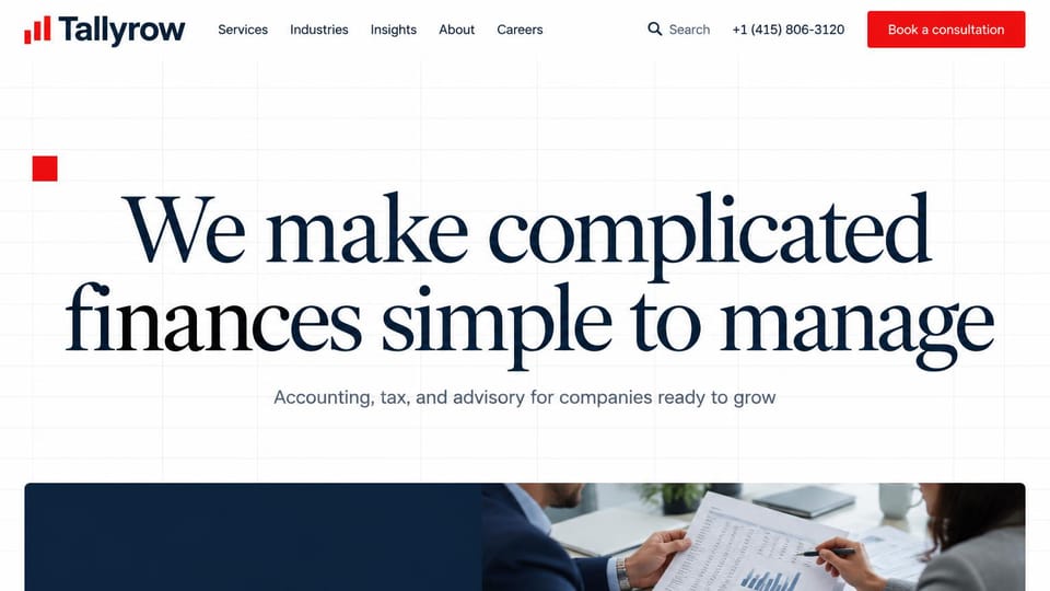 Accounting website design, accounting for growing companies with an oversized serif: white page with faint grid lines, a huge navy serif headline, a red button and a photo of two people reviewing charts below