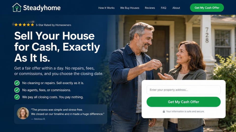 Real estate investor website design, cash buyer with a key handoff and a seller quote: dark navy page, a white headline with green checkmarks, a couple handing over house keys, a white address card with a green button and a quote card