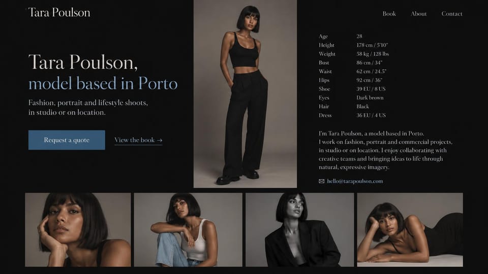 Model portfolio website design, fashion and lifestyle model with a request-a-quote button: black page, a cream and steel blue serif headline, a blue quote button, a full-length woman in black and four close-ups