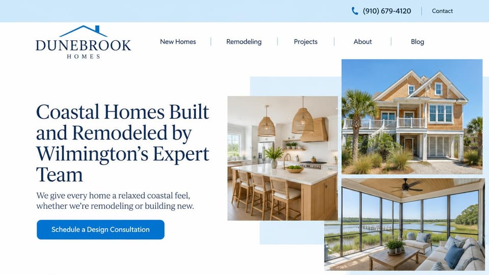 Construction website design, coastal homes, built new or remodeled: pale blue top bar, white page, a navy serif headline, a blue consultation button and photos of a shingled beach house, a kitchen and a screened porch