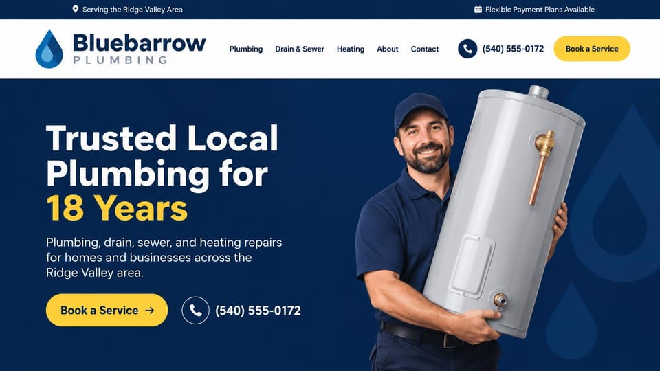 Plumbing website design, plumbing, drains and heating on deep navy: navy top bar, white header with a blue drop logo and yellow book button, a deep navy hero with faint drop shapes, a white and yellow headline, a smiling plumber carrying a water heater