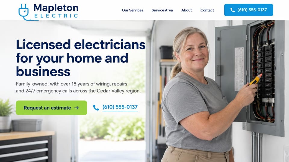 Electrician website design, family-owned electrician with the owner at the panel: white page with a navy headline and a lime estimate button, a smiling woman electrician holding a voltage tester at a panel in a garage