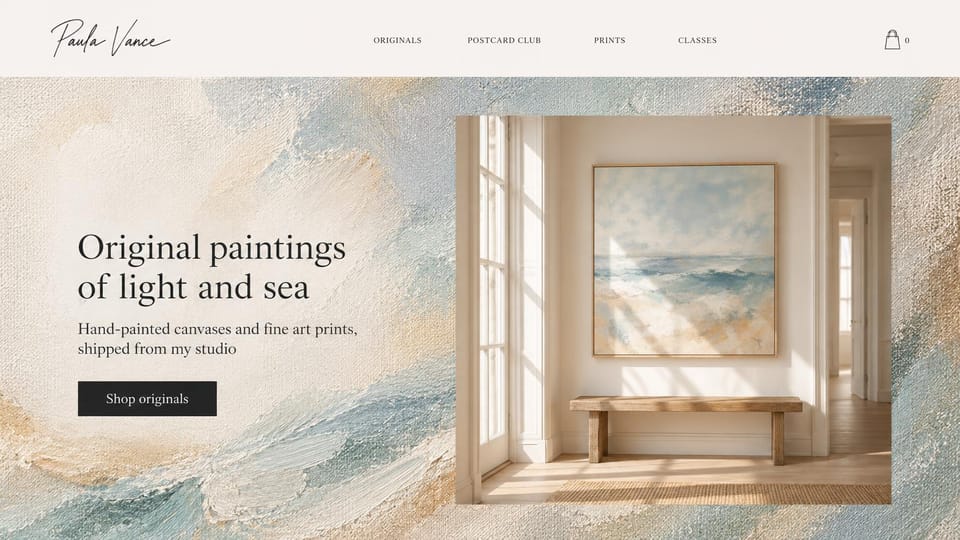 Artist website design, seascapes shown in a real room: ivory and sea blue, ocean brushstrokes beside a sunlit room with a framed seascape, a dark shop originals button