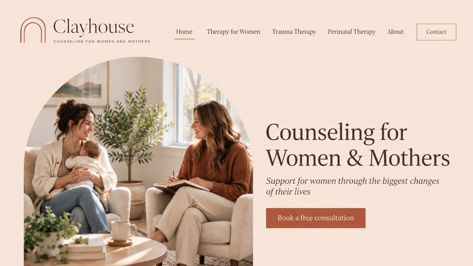 Therapist website design, counseling for women in soft blush: blush pink page, an arched photo of a therapist with a mother and baby beside a large serif headline