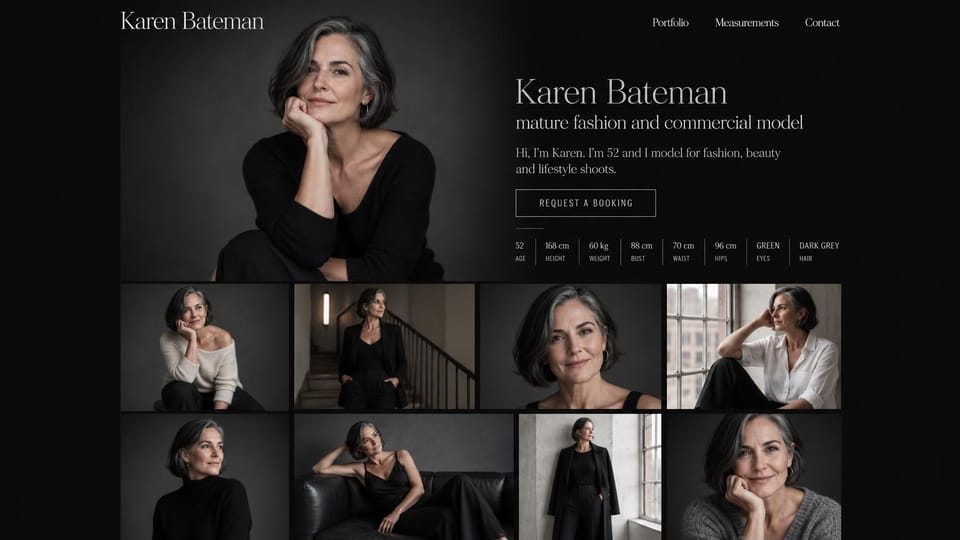 Model portfolio website design, mature fashion model with a gallery wall: charcoal page, a large white serif name, an outlined booking button, a gray-haired woman in black and a grid of eight portraits