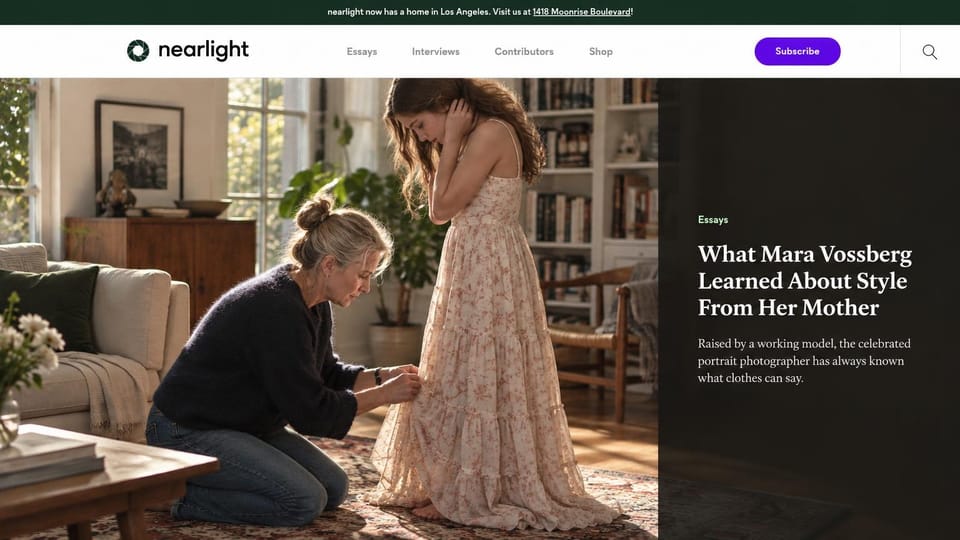 News and magazine website design, photography and style essays with a dark story panel: dark green announcement bar, white header with a round lens logo and purple subscribe button, a mother pinning the hem of her daughter's floral dress in a sunlit living room, dark side panel with a serif headline