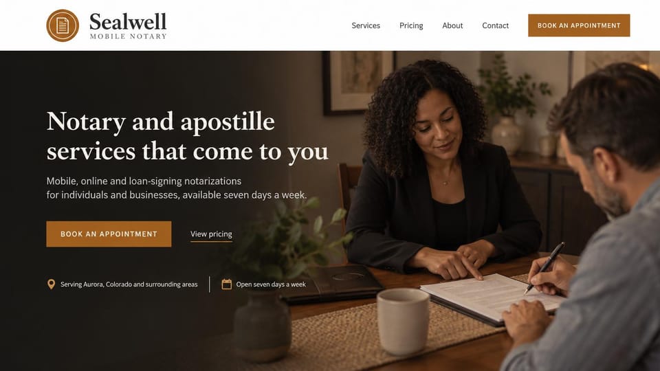 Notary website design, notary and apostille in charcoal and copper: white header with a copper seal logo, a dark photo of a notary guiding a client's signature, white serif headline, copper booking button