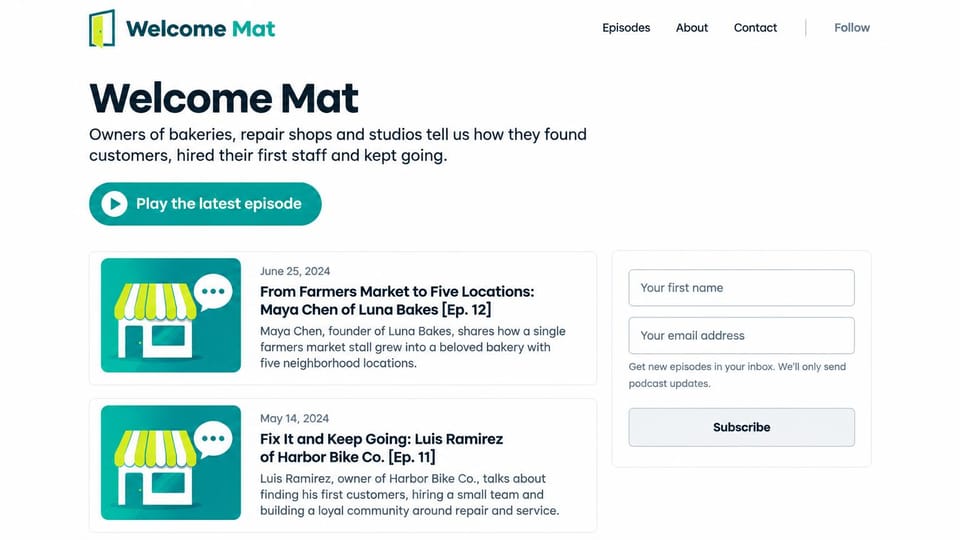 Podcast website design, small business interviews with a signup: white page, a teal play button, illustrated storefront episode covers and an email form