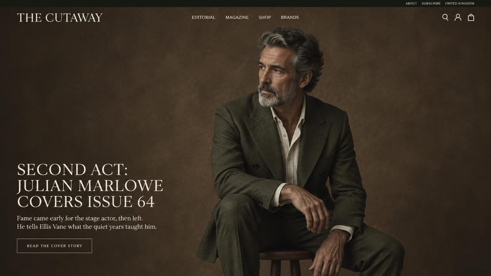 News and magazine website design, menswear magazine with a cover star portrait: dark brown studio backdrop, a gray-haired man in an olive suit seated on a stool, thin cream serif wordmark and menu, large cream capitals headline and outlined button lower left