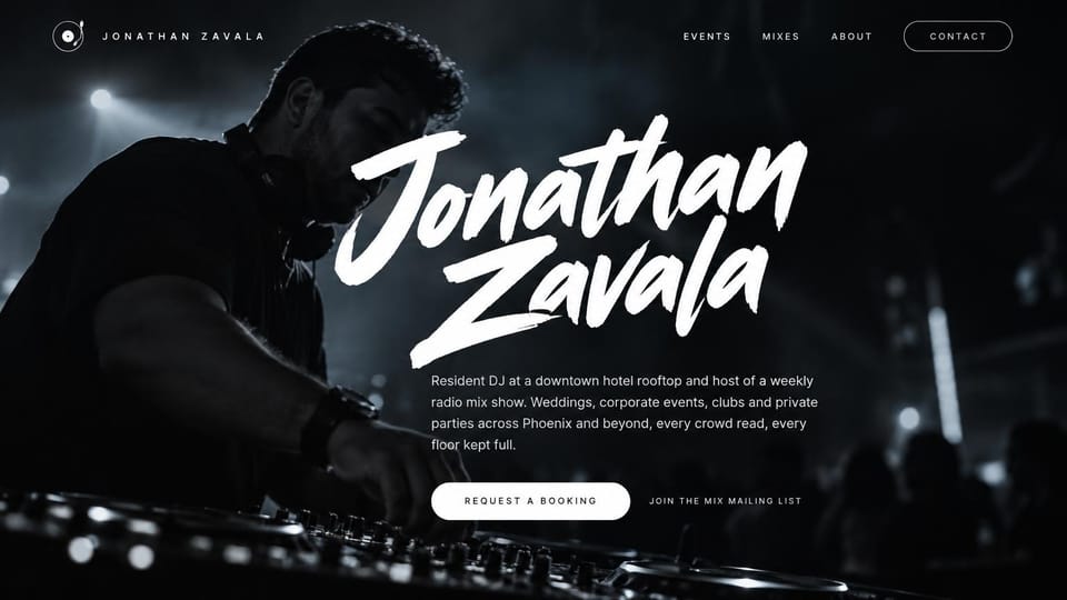 DJ website design, club DJ with a brush-script name: black-and-white photo of a DJ at the decks under club lights, huge white brush-script name and a white pill button