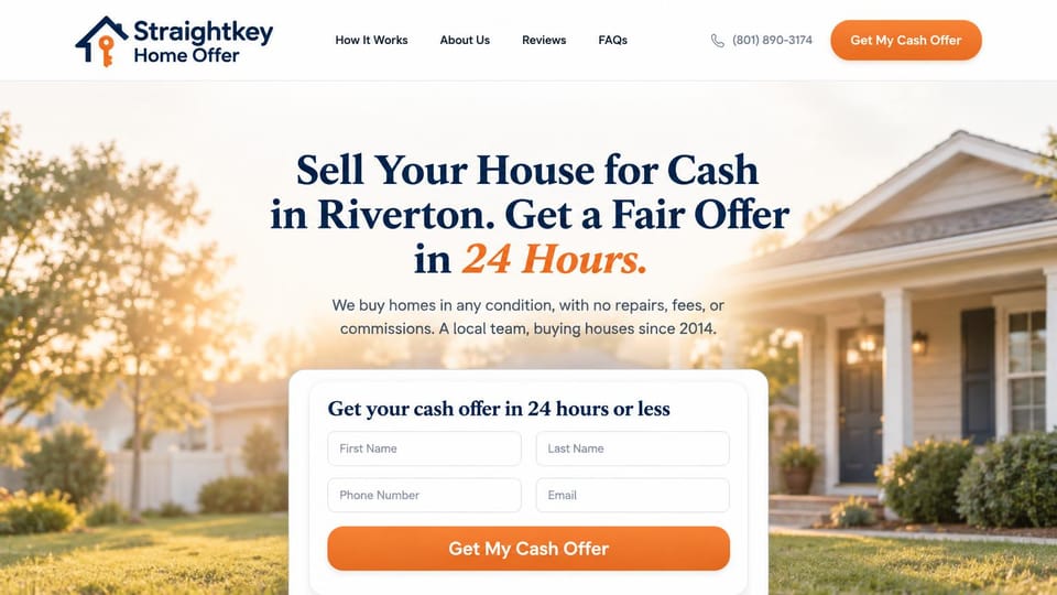 Real estate investor website design, cash offer page in warm morning light: sunlit suburban street, a navy serif headline with an orange italic accent and a white form card with an orange button