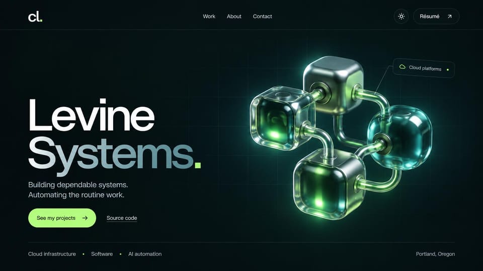 Developer portfolio website design, infrastructure engineer with glowing glass cubes: dark teal page, a huge white and gray-green name with a lime dot, a lime projects button, a source code link and glossy green glass cubes joined by pipes