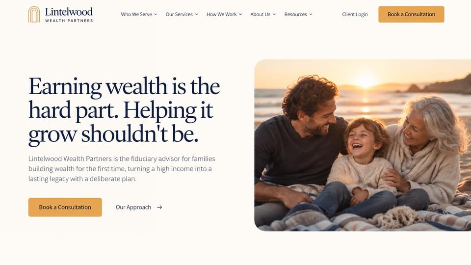 Financial advisor website design, first-generation wealth with a beach photo: warm cream page, large navy serif headline, amber button and a rounded photo of three generations on a beach at sunset