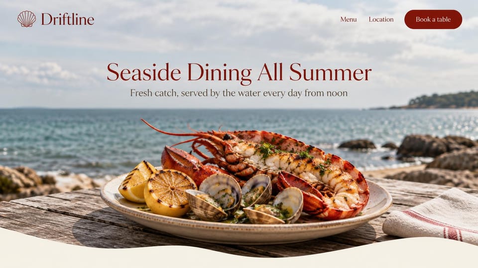 Restaurant website design, seaside seafood, bright and summery: a lobster and clam platter on rocks by the sea under a deep red serif headline