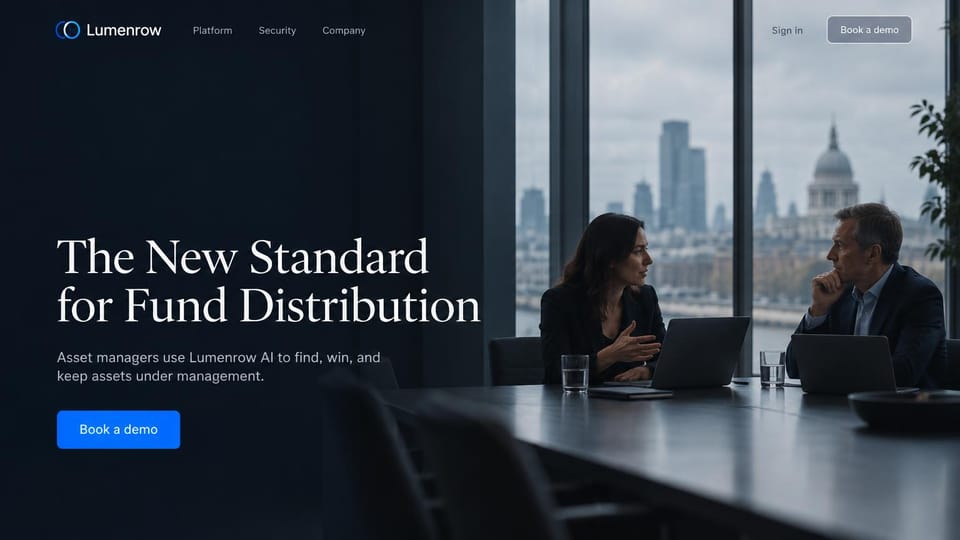 AI startup website design, investment AI with a boardroom over the city: dark navy page, large white serif headline, a blue demo button and two professionals meeting at a table by tall windows over a city skyline