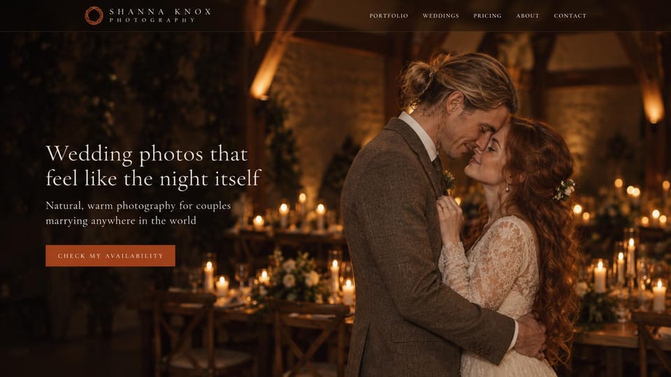 Wedding photographer website design, candlelit wedding photographer, warm and dark: dark candlelit barn reception with a couple embracing on the right, a cream serif headline on the left and a rust button