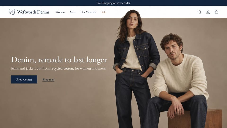 Fashion website design, recycled denim for women and men in a beige studio: navy top bar, a beige studio with a woman in a denim jacket and jeans and a man in a cream sweater on a wooden block, a white serif headline and a navy button