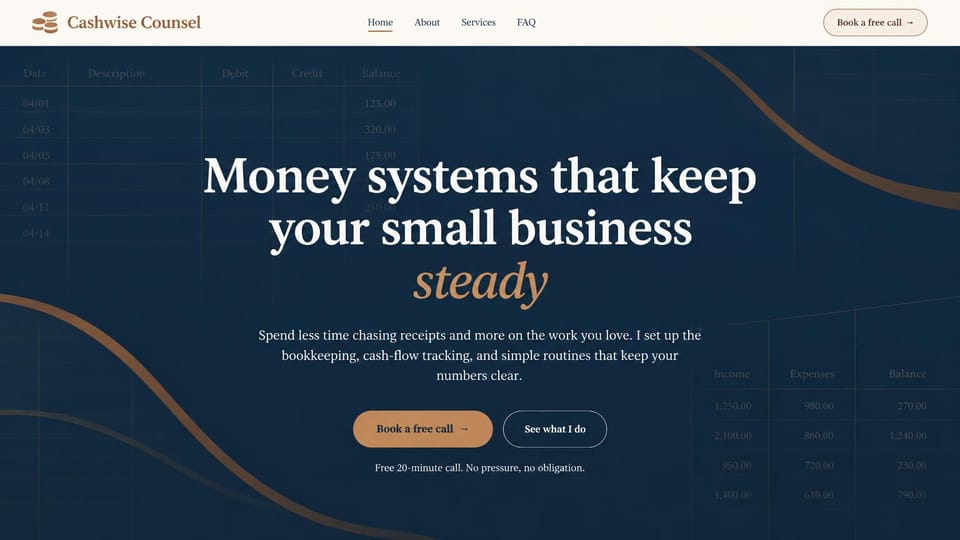 Consulting website design, bookkeeping and cash flow consultant over a ledger: deep navy page with faint ledger tables and copper curves, cream header, white serif headline with a copper italic word, copper and outlined buttons