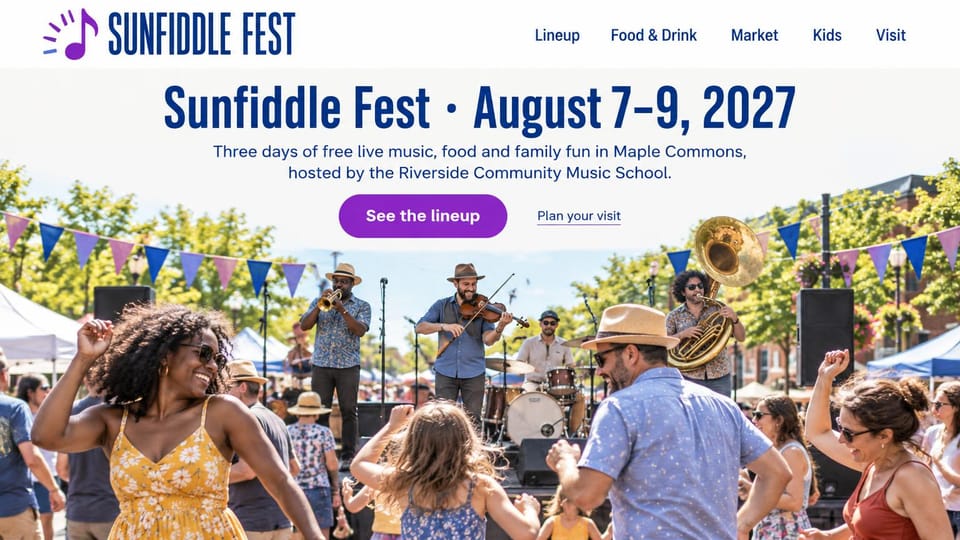 Event website design, free folk and brass festival in a park: white page, navy condensed headline, purple lineup button, fiddle and brass band playing for dancers under bunting