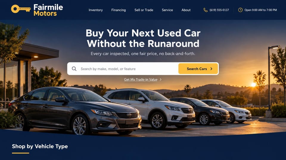 Car dealership website design, used car lot at sunset with a one-price promise: navy header with a yellow key logo, a row of cars on a lot at sunset, a white headline and a white search bar with a yellow button