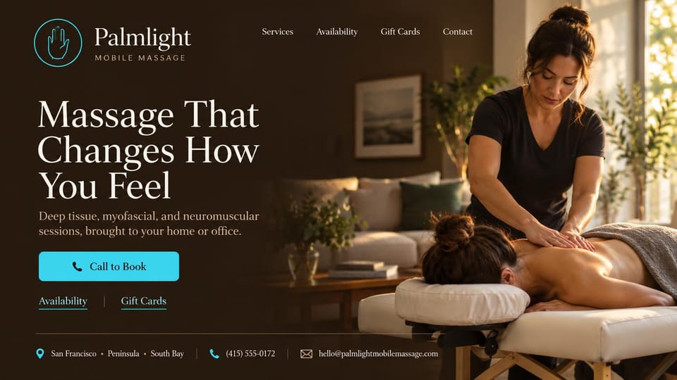 Massage therapist website design, mobile deep tissue massage, dark and warm: dark brown page, a large cream serif headline, a turquoise call button and a photo of a portable table set up in a sunlit home