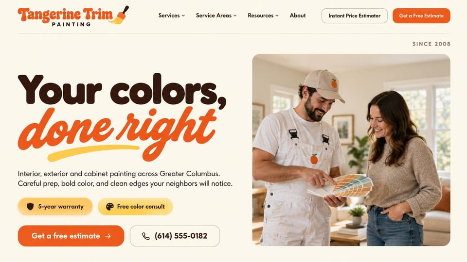 Painting website design, interior painting with color help, warm and playful: cream page, a dark brown headline with an orange script line, a painter in white overalls holding a color fan beside a homeowner, an orange estimate button