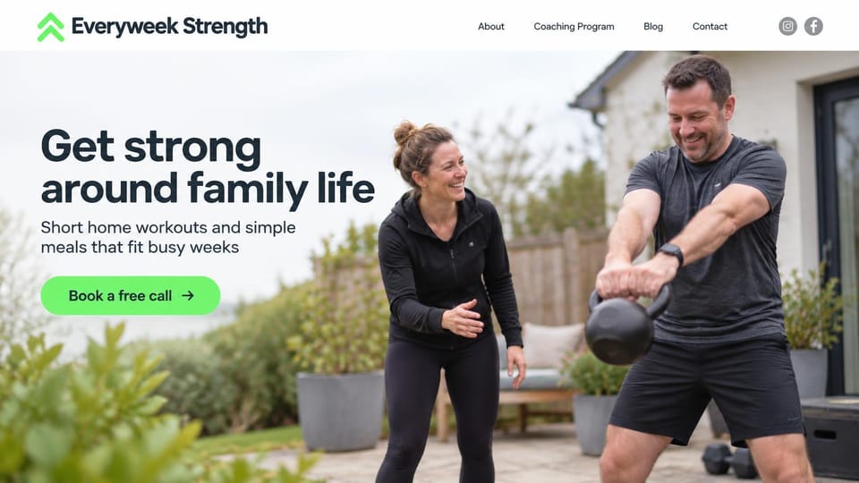 Personal trainer website design, backyard kettlebell coaching around family life: white header, a man swinging a kettlebell in a backyard while a woman cheers him on, a dark headline, a bright green button