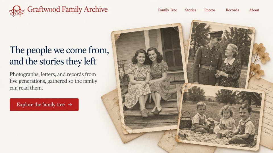 Genealogy website design, family archive in a pile of old snapshots: cream page, navy serif headline, a red tree button, overlapping sepia snapshots of two women, a soldier with his mother and children at a picnic